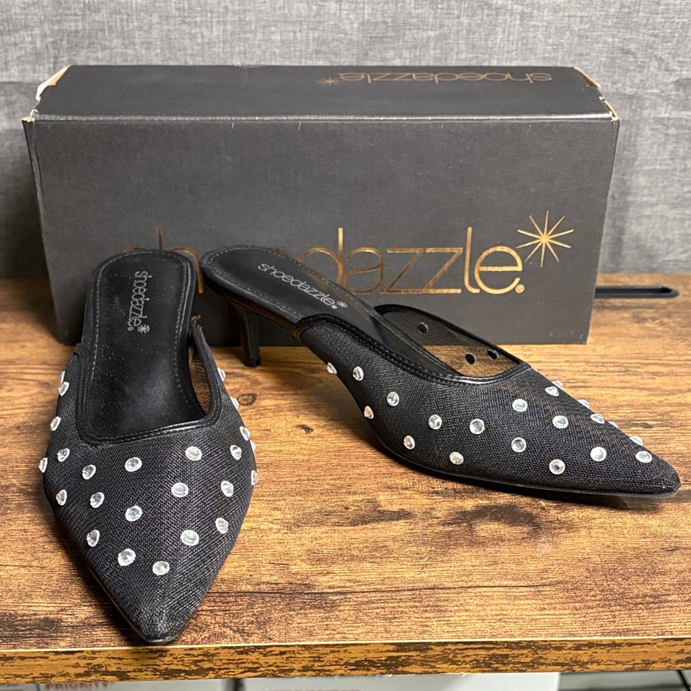 Shoe Dazzle Black and White Polka Dot Mules